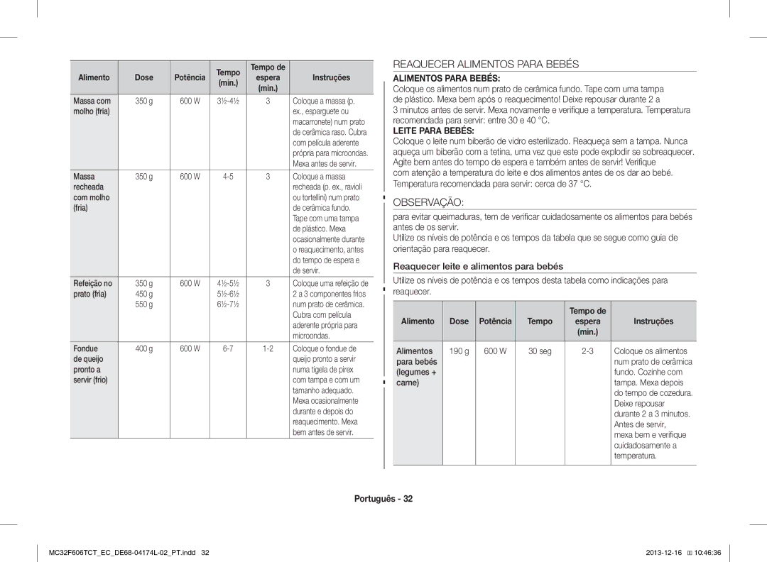 Samsung MC32F606TCT/EC manual Reaquecer Alimentos Para Bebés, Observação, Tempo de Alimento Dose 