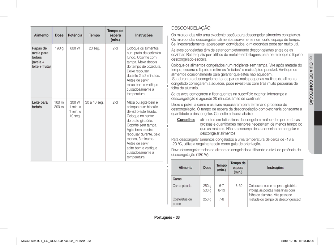 Samsung MC32F606TCT/EC manual Descongelação, Tempo de Alimento, Alimento Dose Tempo 