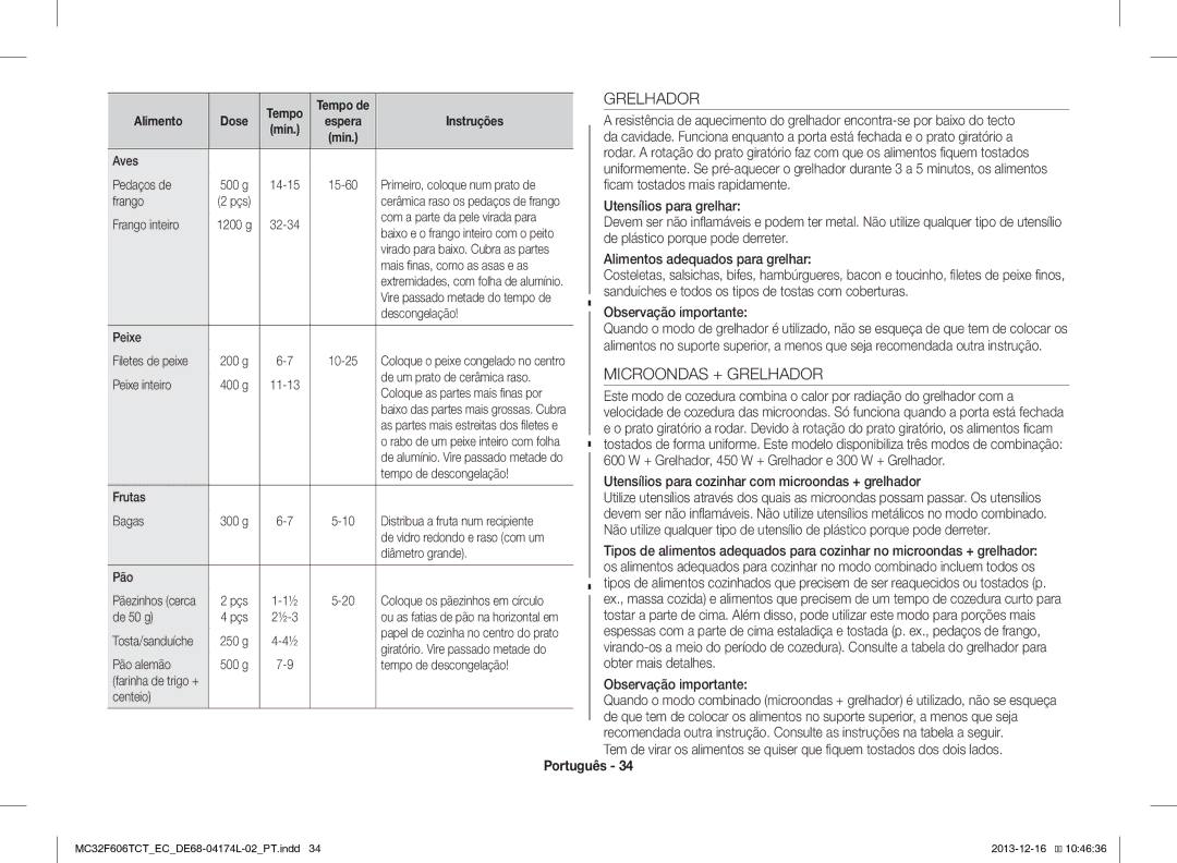 Samsung MC32F606TCT/EC manual Microondas + Grelhador 