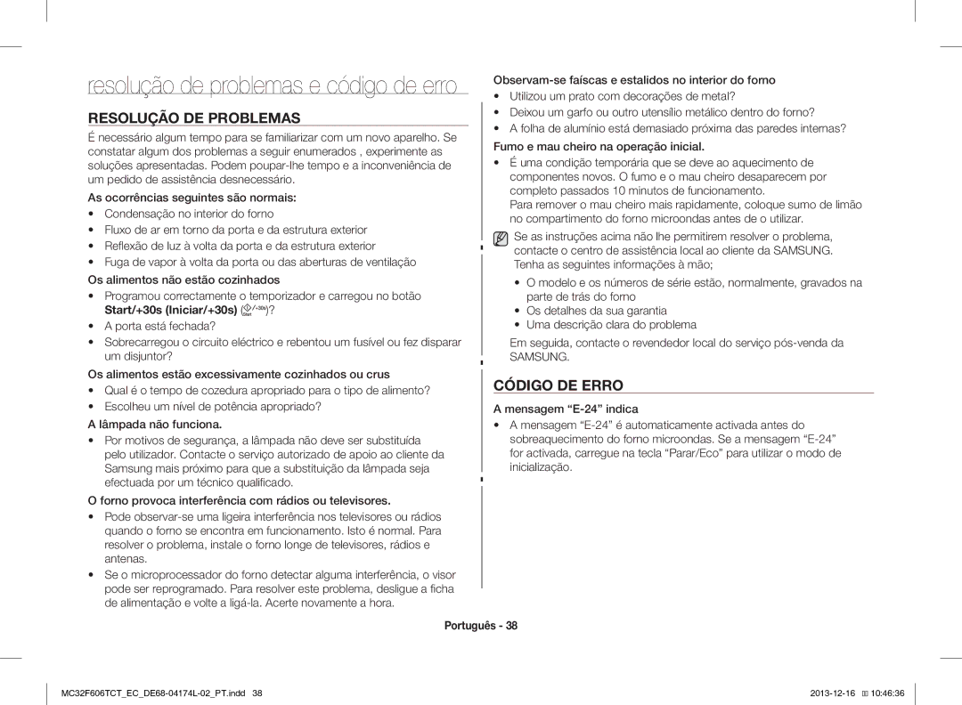 Samsung MC32F606TCT/EC manual Resolução DE Problemas, Código DE Erro 