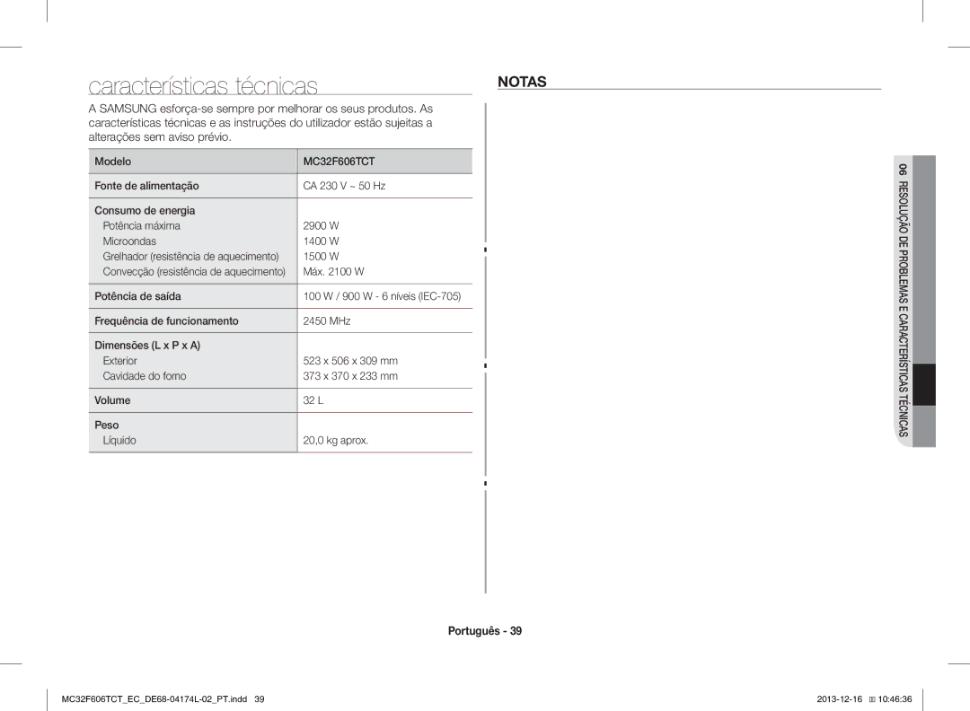 Samsung MC32F606TCT/EC manual Características técnicas, Notas, Grelhador resistência de aquecimento 