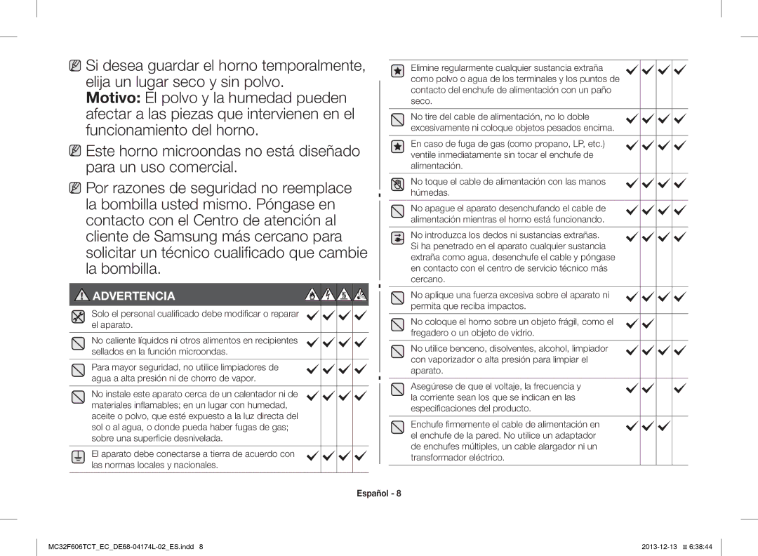 Samsung MC32F606TCT/EC manual Advertencia 