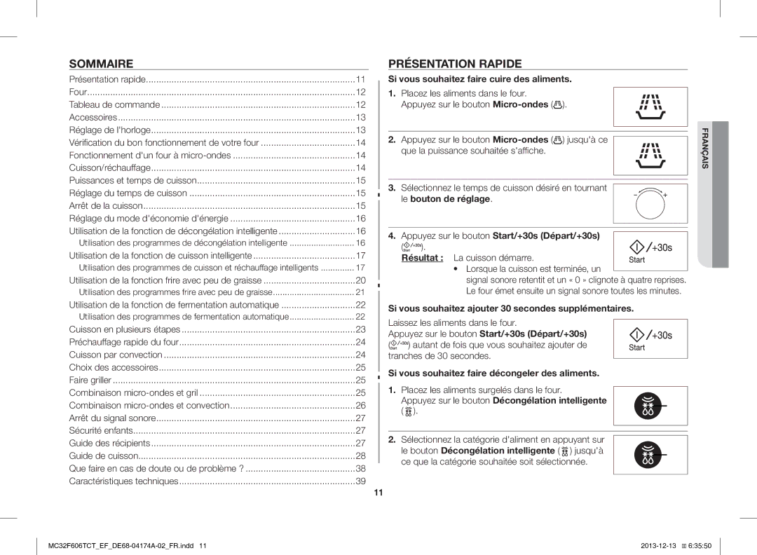 Samsung MC32F606TCT/EF manual Sommaire, Présentation Rapide 