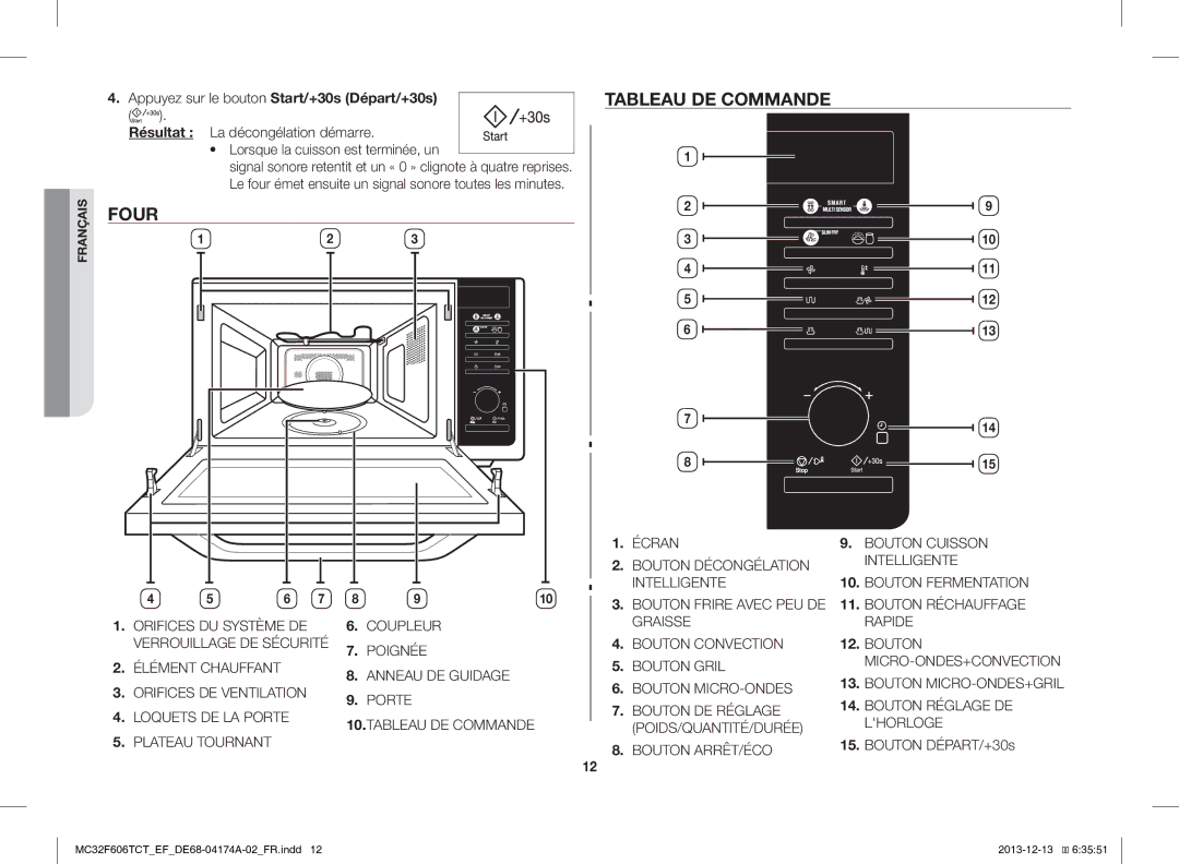 Samsung MC32F606TCT/EF manual Four Tableau DE Commande, Bouton DÉPART/+30s 