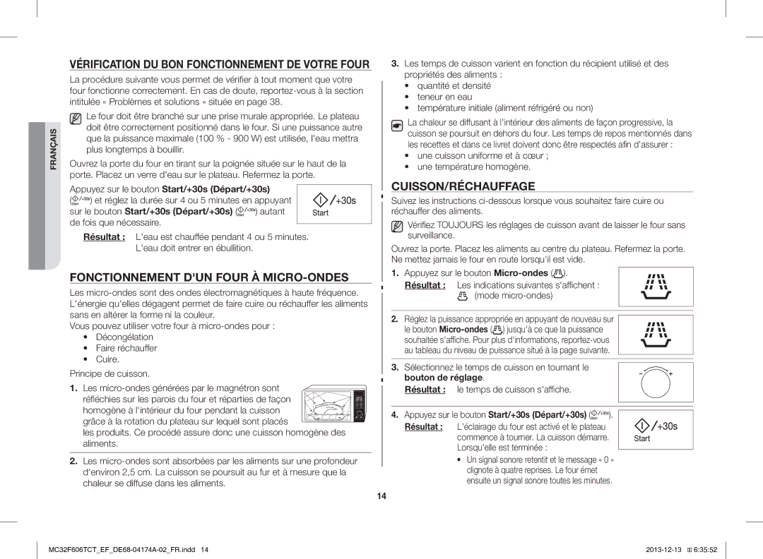 Samsung MC32F606TCT/EF manual Fonctionnement DUN Four À MICRO-ONDES, Cuisson/Réchauffage 