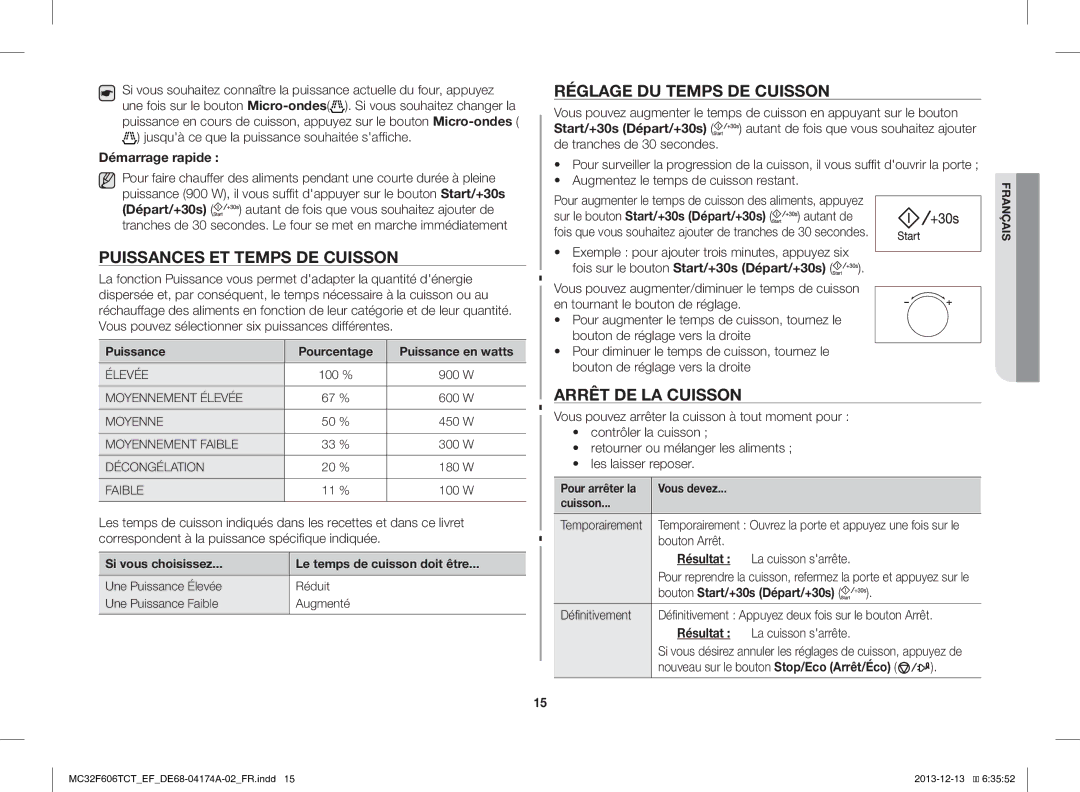 Samsung MC32F606TCT/EF Puissances ET Temps DE Cuisson, Réglage DU Temps DE Cuisson, Arrêt DE LA Cuisson, Démarrage rapide 