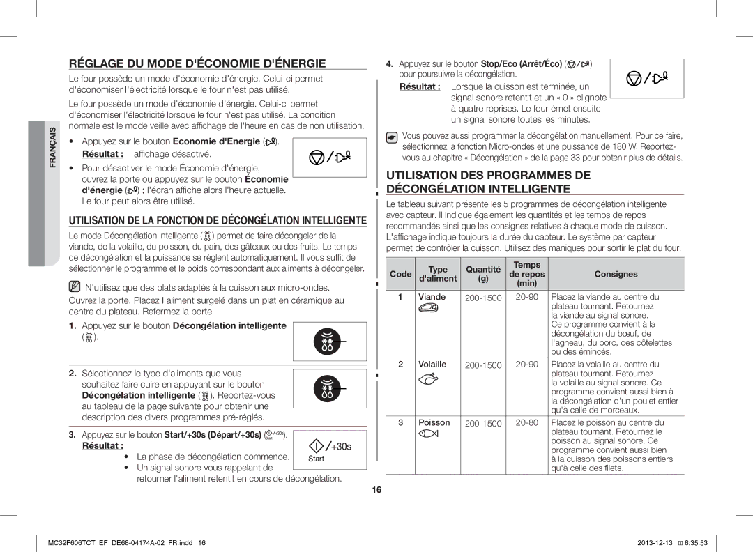 Samsung MC32F606TCT/EF manual Réglage DU Mode Déconomie Dénergie, Utilisation DES Programmes DE Décongélation Intelligente 