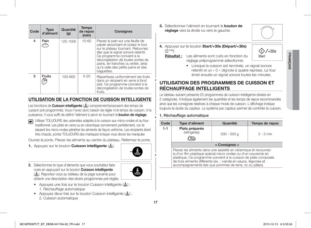 Samsung MC32F606TCT/EF manual Daliment Min, Code Type daliment Quantité Temps de repos 