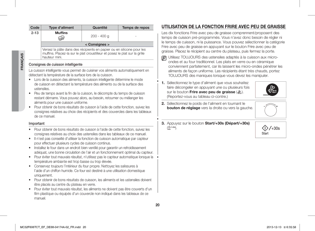 Samsung MC32F606TCT/EF manual Utilisation DE LA Fonction Frire Avec PEU DE Graisse, Consignes de cuisson intelligente 