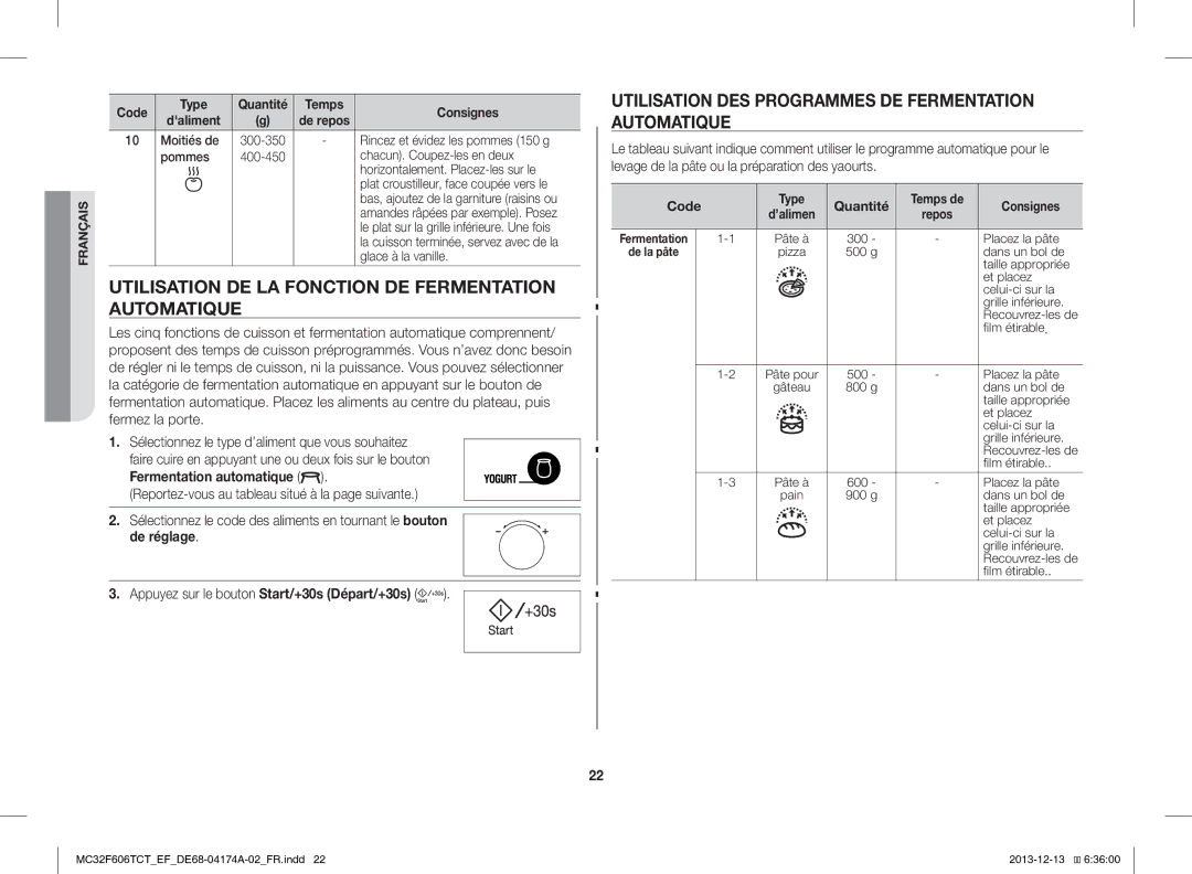 Samsung MC32F606TCT/EF manual Utilisation DE LA Fonction DE Fermentation Automatique, Code Type Quantité Temps de Consignes 