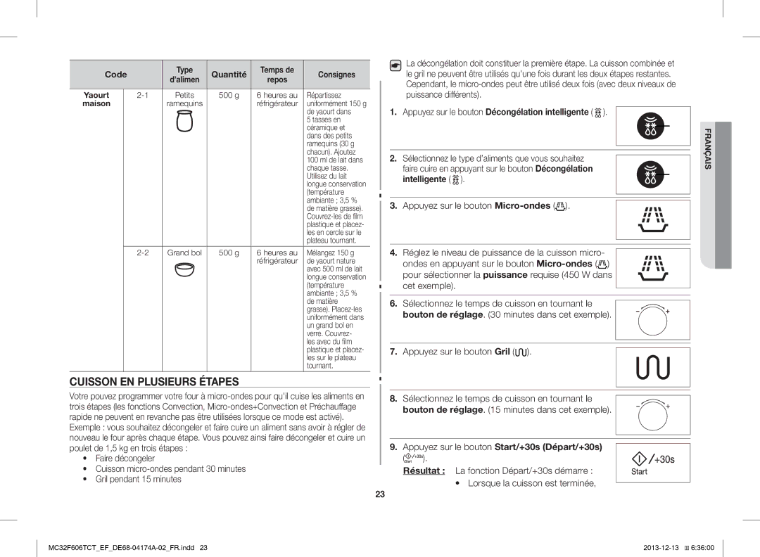 Samsung MC32F606TCT/EF manual Cuisson EN Plusieurs Étapes, Appuyez sur le bouton Décongélation intelligente 