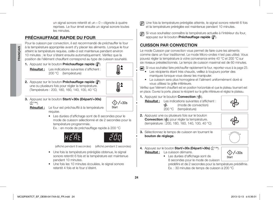 Samsung MC32F606TCT/EF manual Préchauffage Rapide DU Four, Cuisson PAR Convection, Appuyez sur le bouton Convection 