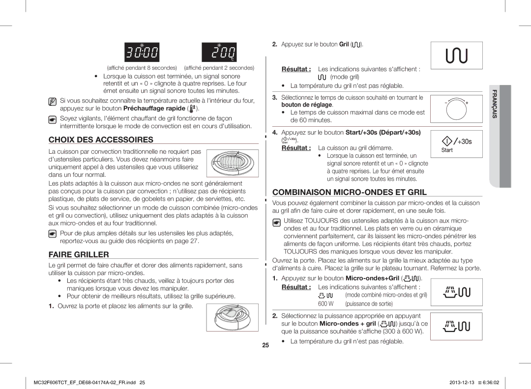 Samsung MC32F606TCT/EF manual Choix DES Accessoires, Faire Griller, Combinaison MICRO-ONDES ET Gril 