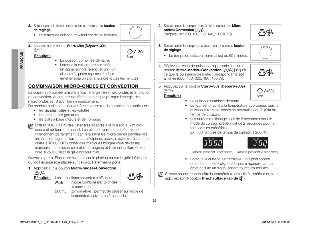 Samsung MC32F606TCT/EF Combinaison MICRO-ONDES ET Convection, La cuisson combinée démarre, Ondes+Convection, De réglage 