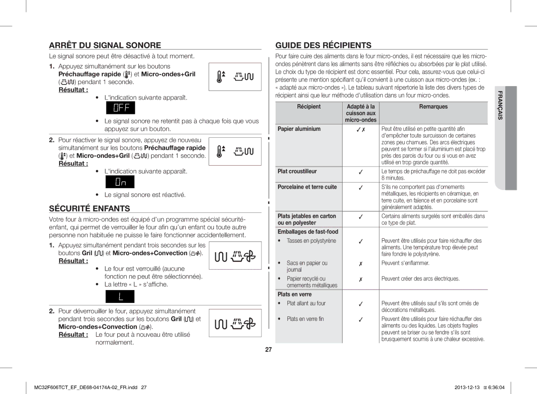 Samsung MC32F606TCT/EF manual Arrêt DU Signal Sonore, Sécurité Enfants, Guide DES Récipients 