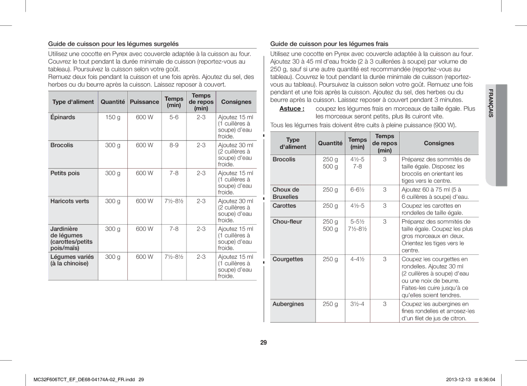 Samsung MC32F606TCT/EF manual Guide de cuisson pour les légumes frais, Temps Type daliment Quantité, Type Temps 