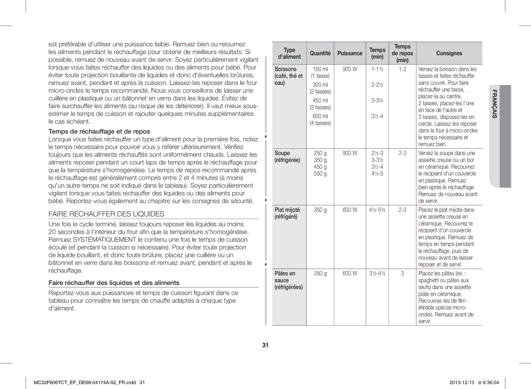 Samsung MC32F606TCT/EF manual Faire Réchauffer DES Liquides, Temps de réchauffage et de repos 