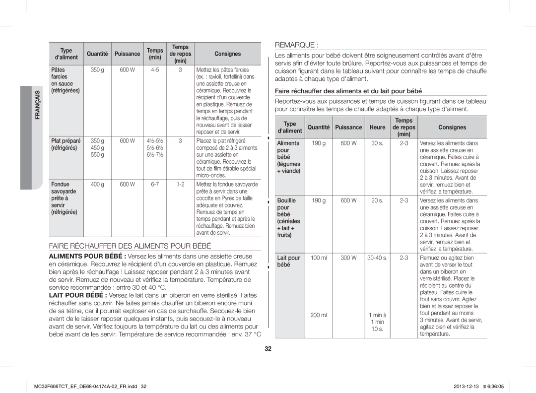 Samsung MC32F606TCT/EF manual Faire Réchauffer DES Aliments Pour Bébé, Remarque 