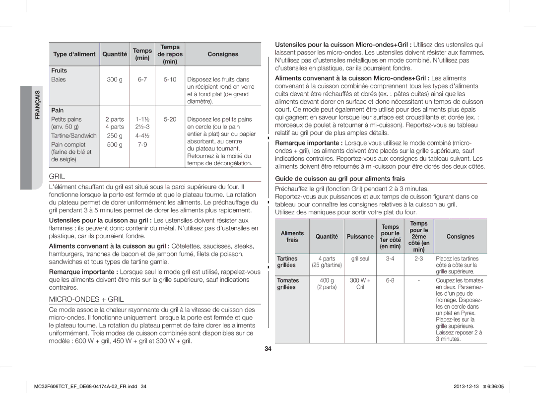 Samsung MC32F606TCT/EF manual MICRO-ONDES + Gril, Aliments, Frais 