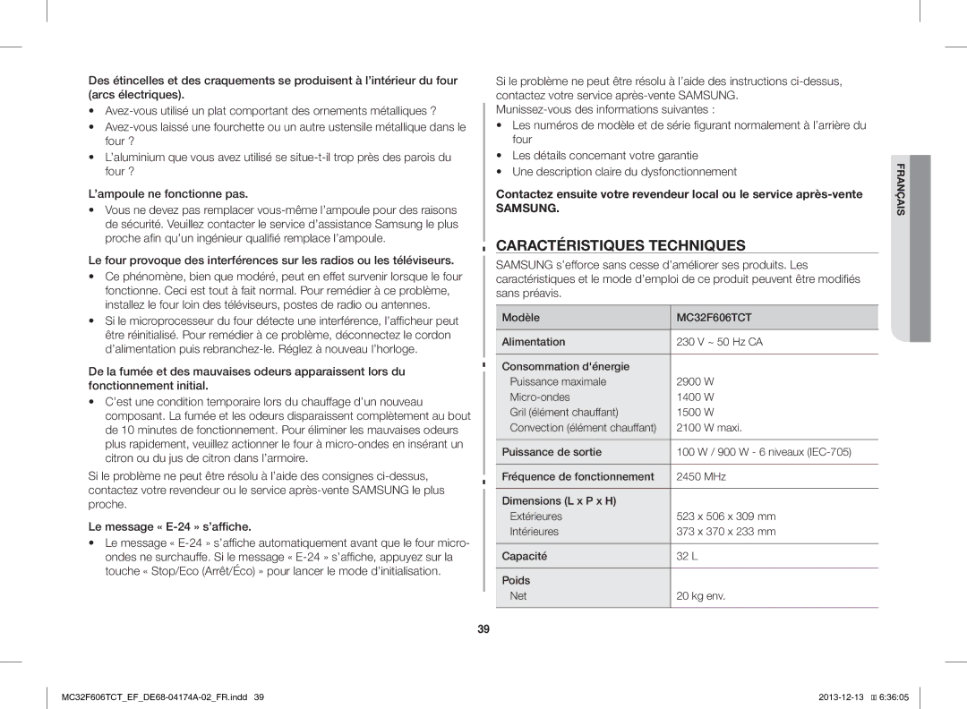 Samsung MC32F606TCT/EF manual Caractéristiques Techniques, Modèle 