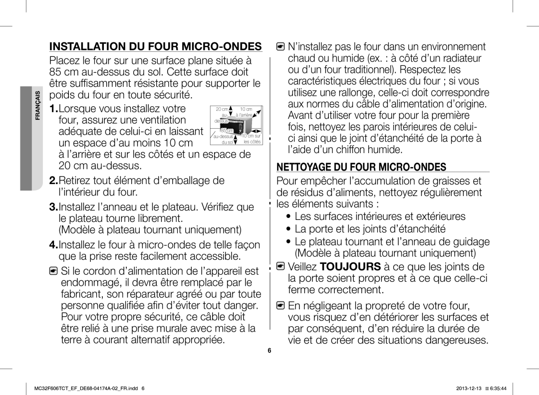 Samsung MC32F606TCT/EF manual Installation DU Four MICRO-ONDES 