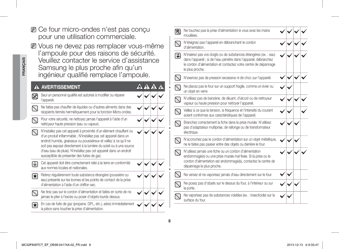 Samsung MC32F606TCT/EF manual Avertissement 