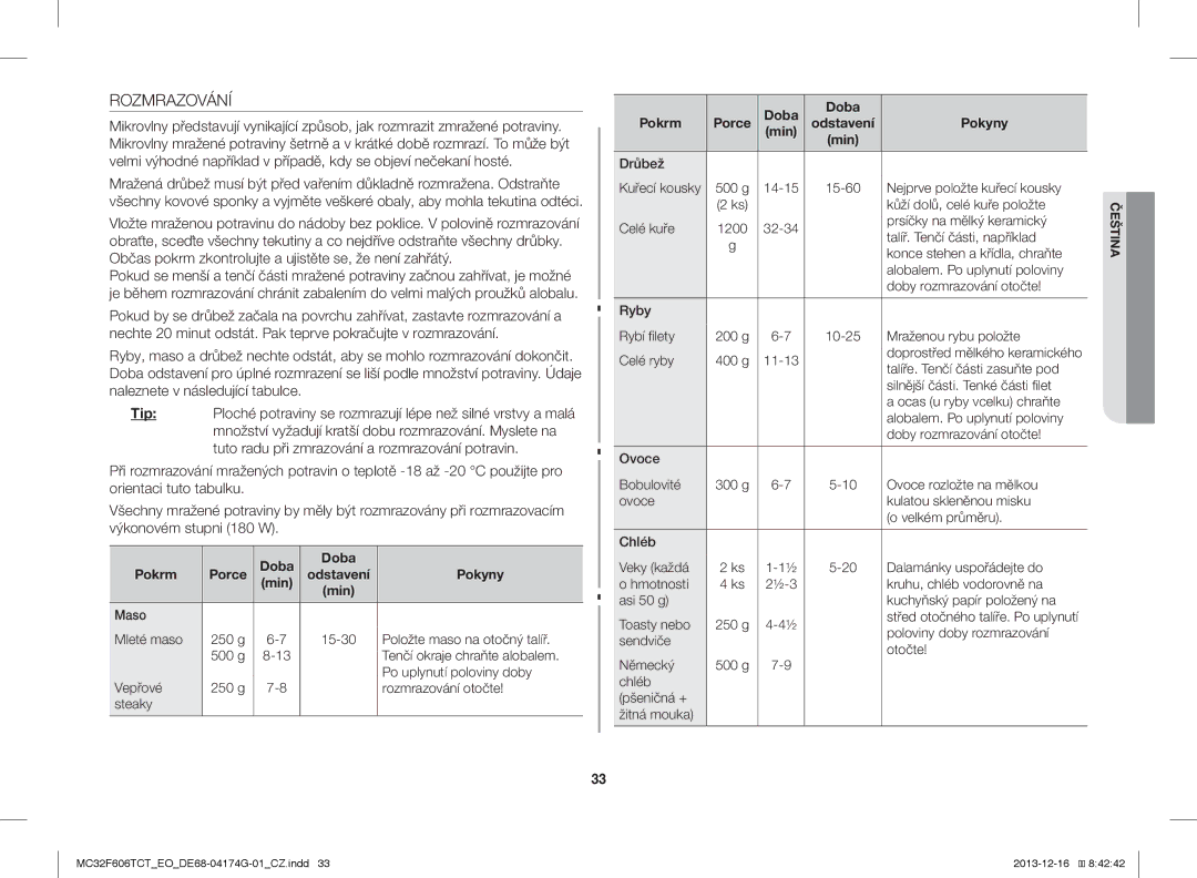 Samsung MC32F606TCT/EO manual Rozmrazování 