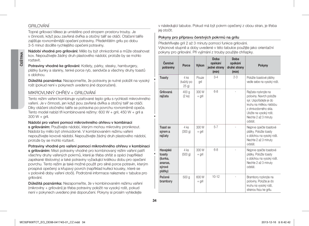 Samsung MC32F606TCT/EO manual Mikrovlnný Ohřev + Grilování, Doba Čerstvé, Potraviny 