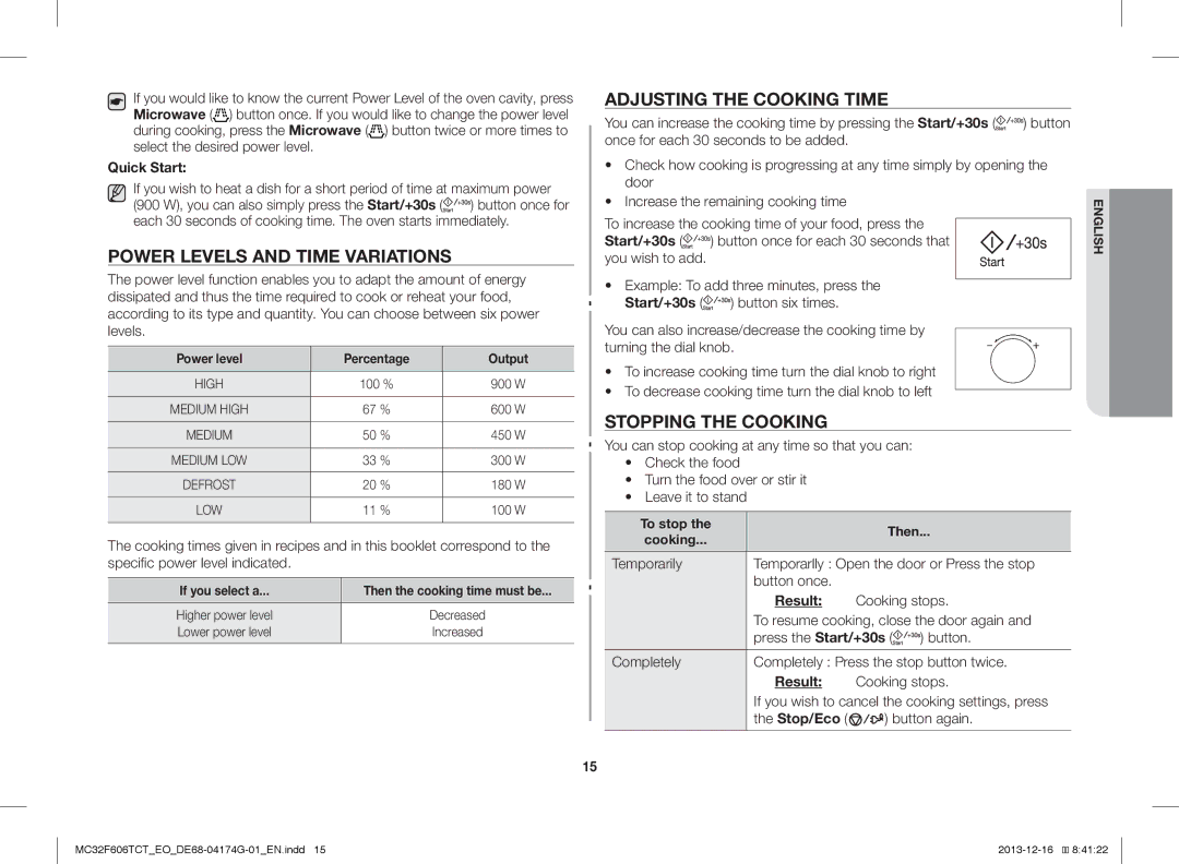 Samsung MC32F606TCT/EO manual Power Levels and Time Variations, Adjusting the Cooking Time, Stopping the Cooking 