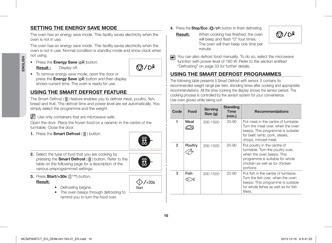 Samsung MC32F606TCT/EO Setting the Energy Save Mode, Using the Smart Defrost Feature, Using the Smart Defrost Programmes 