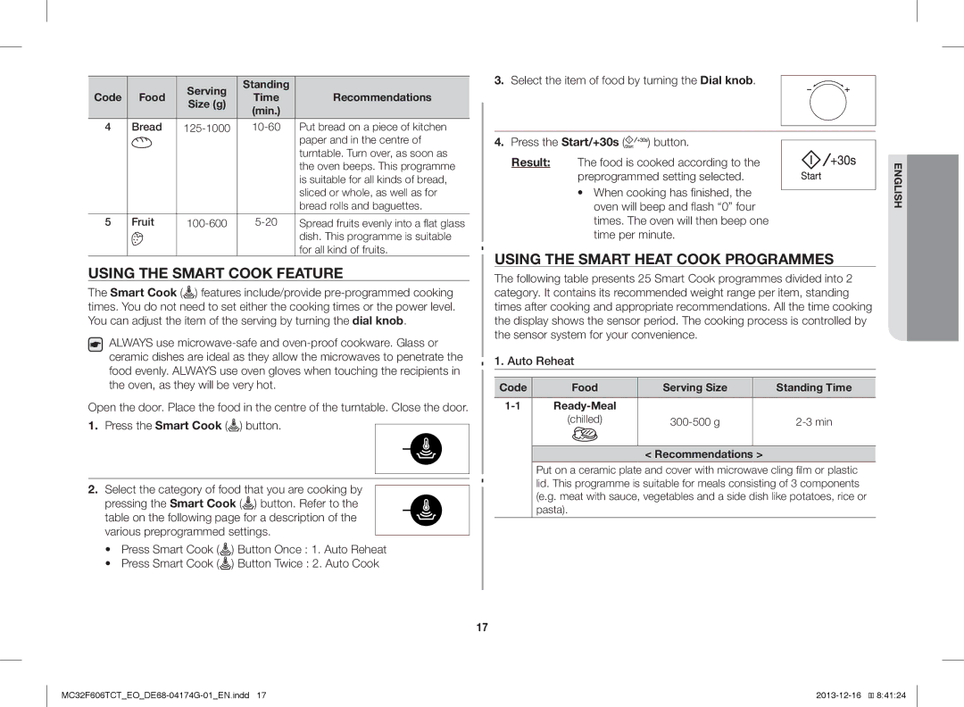 Samsung MC32F606TCT/EO manual Using the Smart Cook Feature, Using the Smart Heat Cook Programmes 