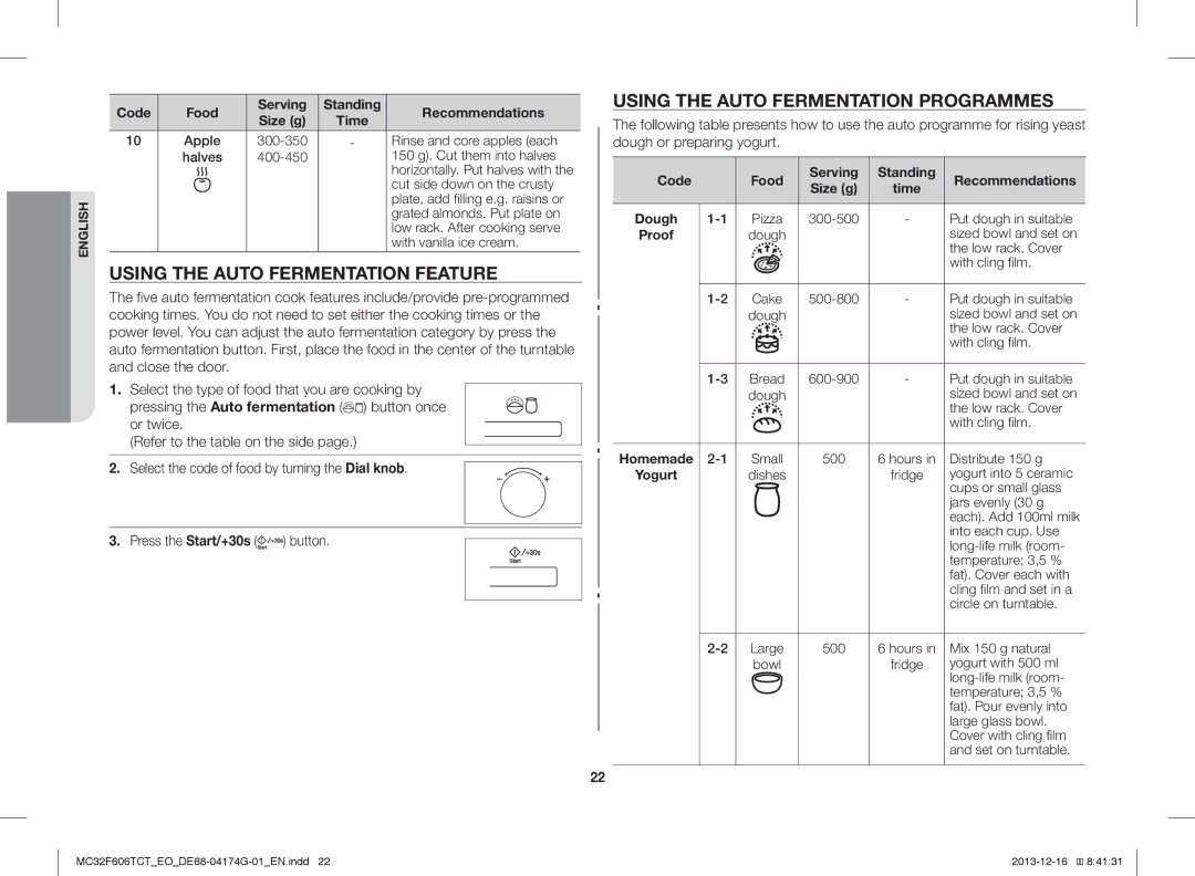 Samsung MC32F606TCT/EO manual Using the Auto Fermentation Feature, Using the Auto Fermentation Programmes 