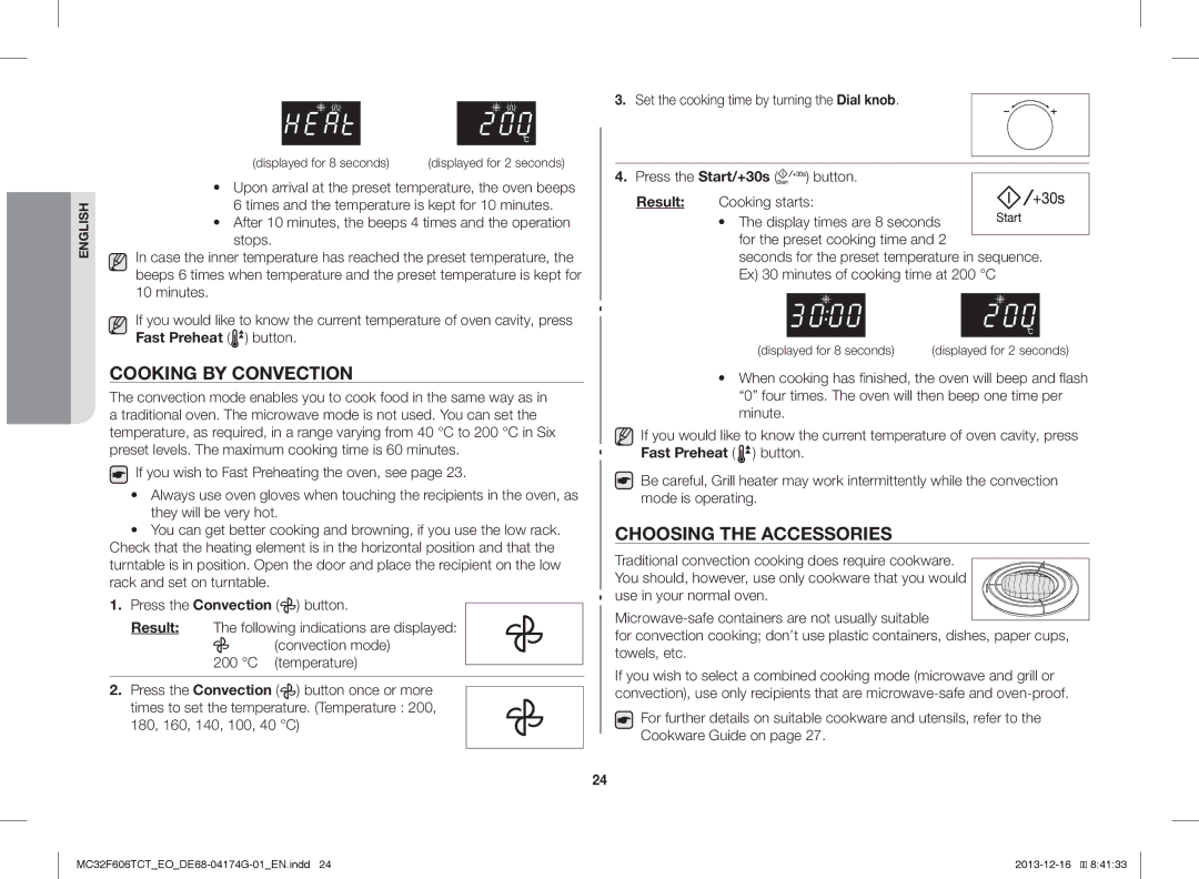 Samsung MC32F606TCT/EO Cooking by Convection, Choosing the Accessories, Set the cooking time by turning the Dial knob 