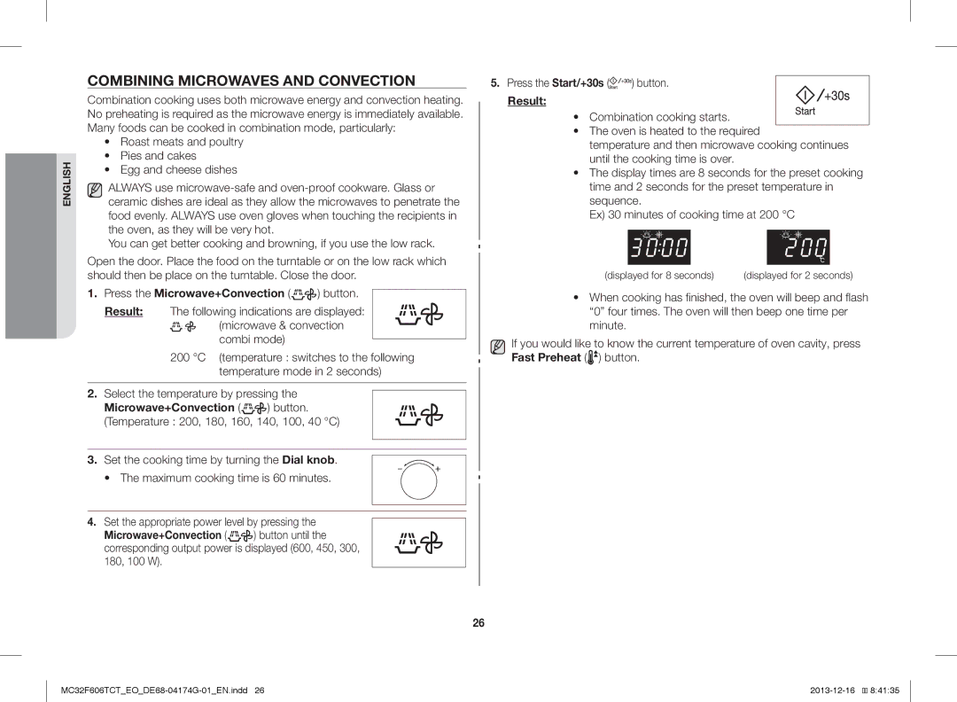 Samsung MC32F606TCT/EO manual Combining Microwaves and Convection, Press the Microwave+Convection button 