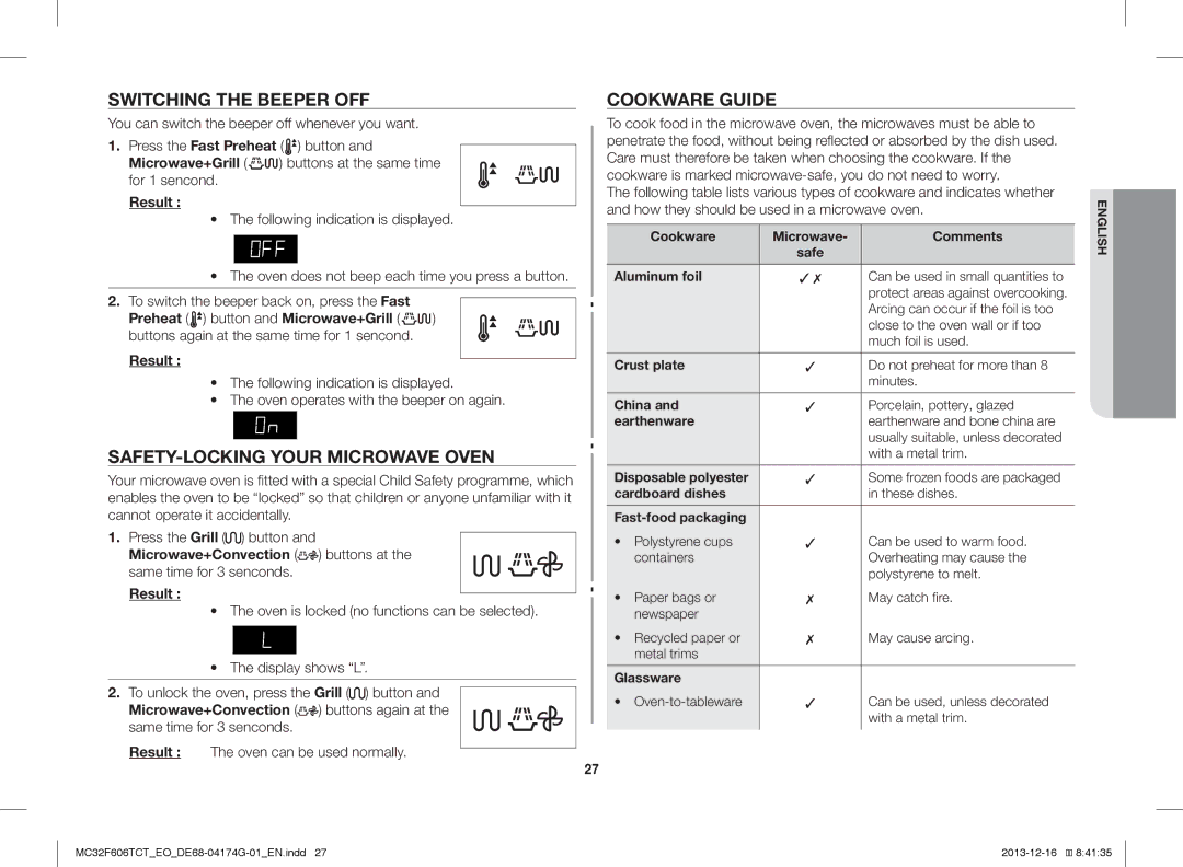 Samsung MC32F606TCT/EO manual Switching the Beeper OFF, SAFETY-LOCKING Your Microwave Oven, Cookware Guide 