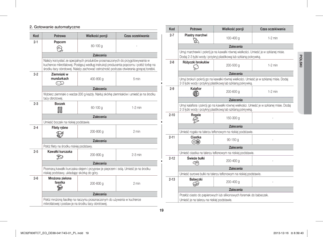 Samsung MC32F606TCT/EO manual Gotowanie automatyczne 