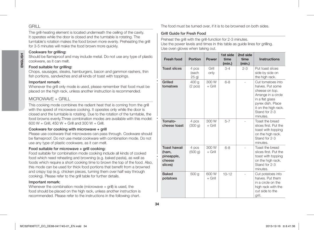 Samsung MC32F606TCT/EO manual Microwave + Grill, 1st side 2nd side Fresh food 