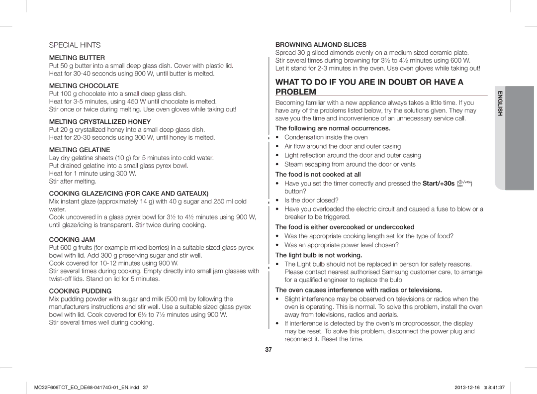 Samsung MC32F606TCT/EO manual What to do if YOU are in Doubt or have a Problem, Special Hints 