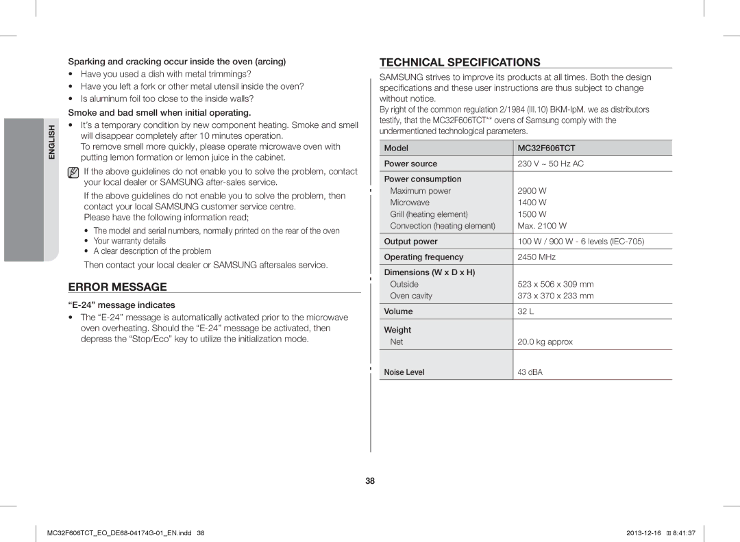 Samsung MC32F606TCT/EO manual Error Message, Technical Specifications, Message indicates 