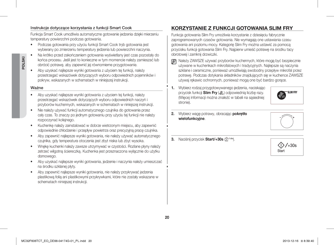 Samsung MC32F606TCT/EO manual Korzystanie Z Funkcji Gotowania Slim FRY, Ważne 