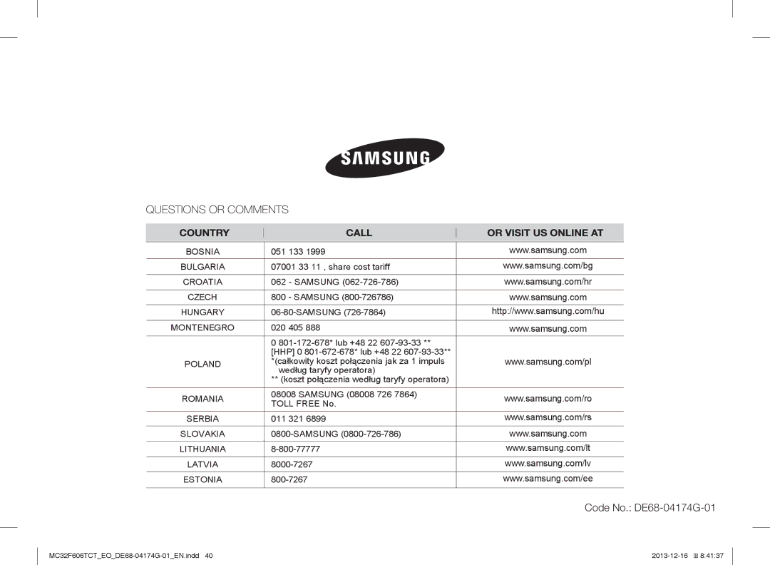 Samsung MC32F606TCT/EO manual Code No. DE68-04174G-01 