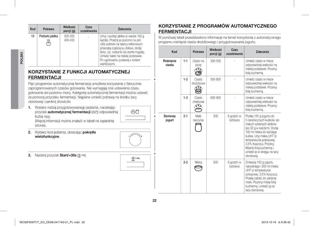 Samsung MC32F606TCT/EO Korzystanie Z Funkcji Automatycznej Fermentacji, Korzystanie Z Programów Automatycznego Fermentacji 