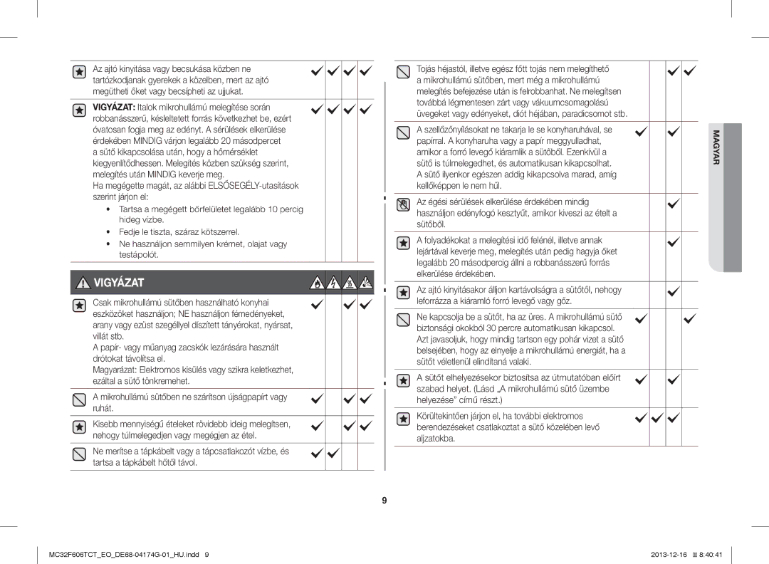 Samsung MC32F606TCT/EO manual Vigyázat 