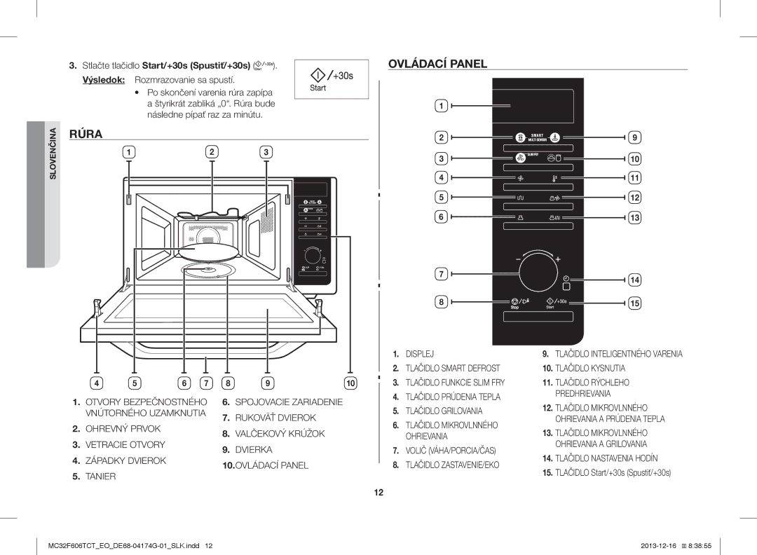 Samsung MC32F606TCT/EO manual Rúra Ovládací Panel, Tlačidlo Mikrovlnného Ohrievania Ohrievania a Grilovania 