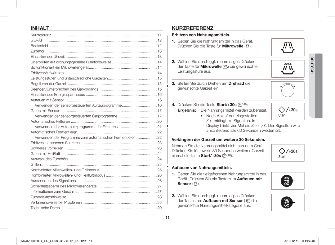 Samsung MC32F606TCT/EF, MC32F606TCT/ET, MC32F606TCT/EG manual Inhalt, Kurzreferenz 