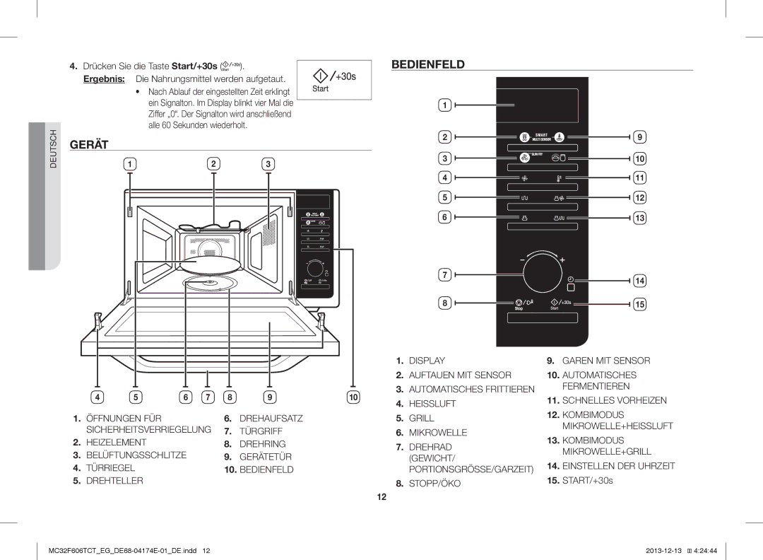 Samsung MC32F606TCT/ET, MC32F606TCT/EG, MC32F606TCT/EF manual Gerät, Bedienfeld, START/+30s 