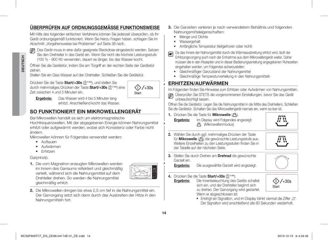 Samsung MC32F606TCT/EF, MC32F606TCT/ET, MC32F606TCT/EG manual SO Funktioniert EIN Mikrowellengerät, Erhitzen/Aufwärmen 