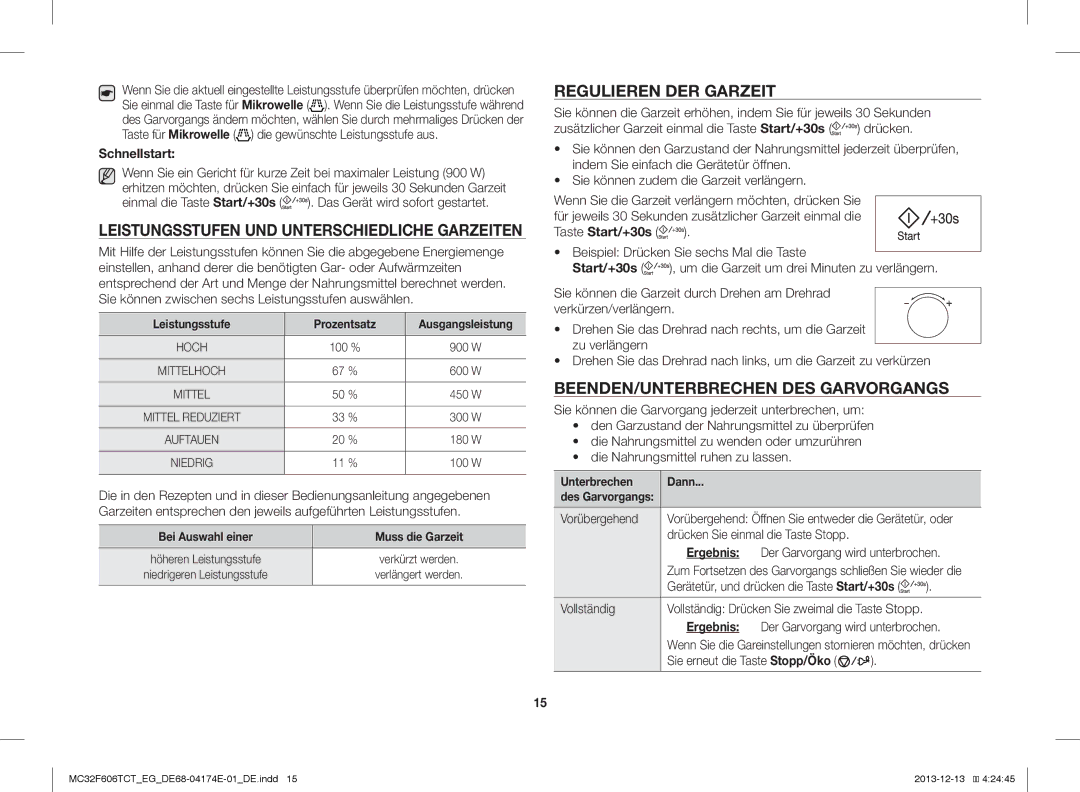 Samsung MC32F606TCT/ET manual Regulieren DER Garzeit, BEENDEN/UNTERBRECHEN DES Garvorgangs, Schnellstart, Ergebnis 