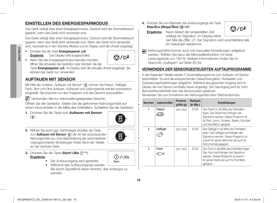 Samsung MC32F606TCT/EG, MC32F606TCT/ET manual Einstellen DES Energiesparmodus, Auftauen MIT Sensor, Stop/Eco Stopp/Öko 