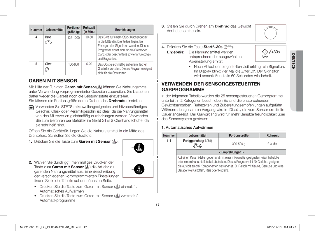 Samsung MC32F606TCT/EF manual Garen MIT Sensor, Verwenden DER Sensorgesteuerten Garprogramme, Automatisches Aufwärmen 